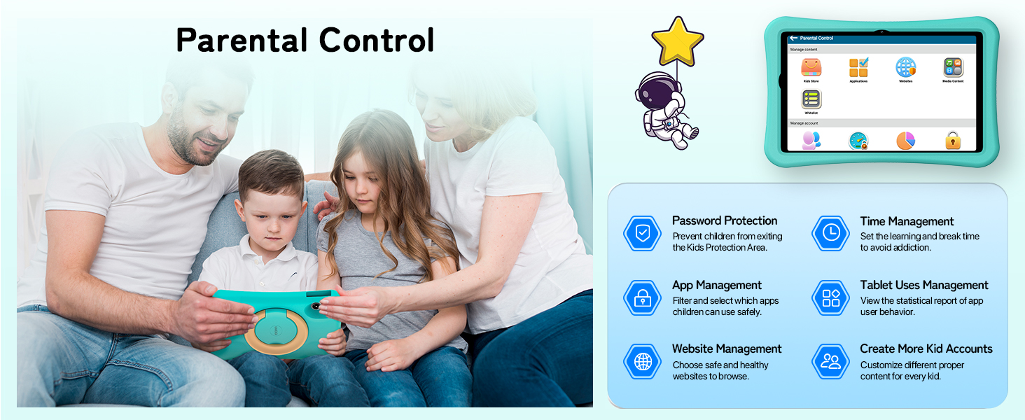 Mobile app interface showing parental control features with icons for monitoring, time management, and content filtering displayed on a tablet screen.