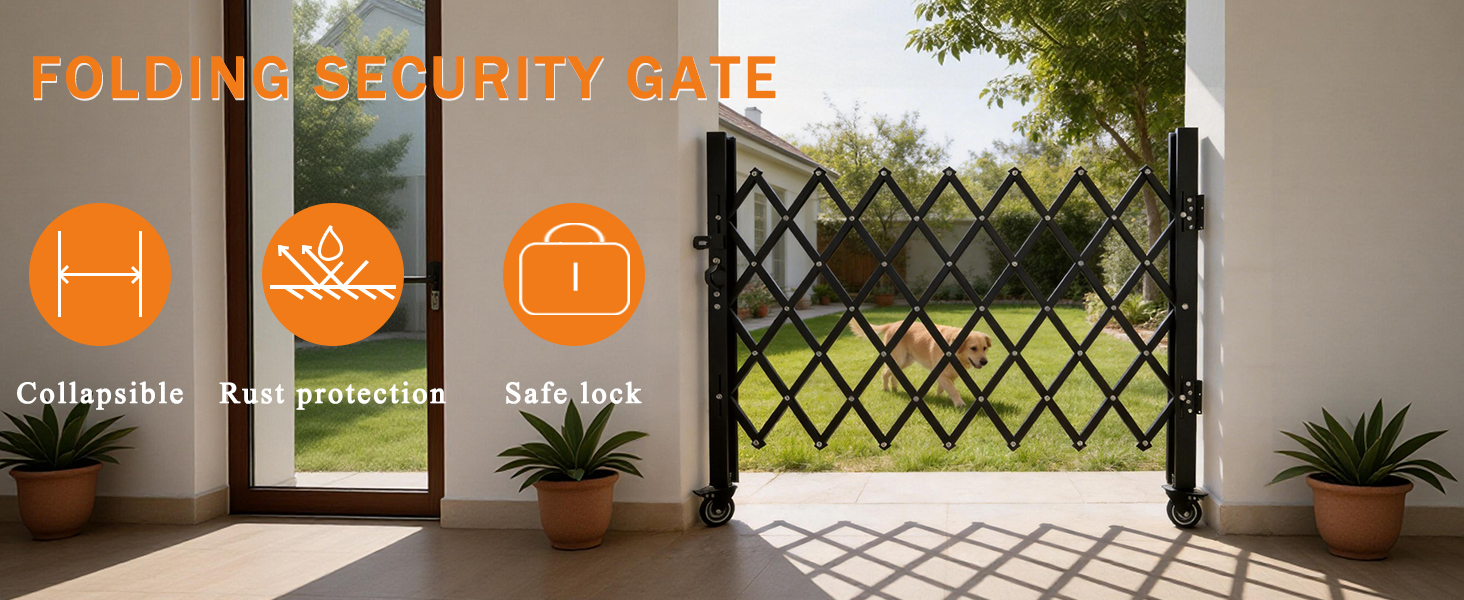 Text reads 'FOLDING GATE/GATE' with orange icons for 'Durable/strong', 'anti-rust', and 'safe'. Gate installation photo showing black metal security gate mounted in doorway with potted plants nearby.