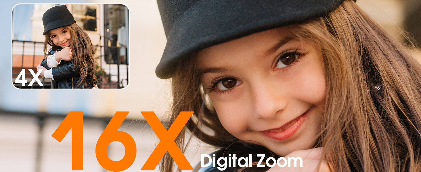 Text reads '16X Digital Zoom' with '4X' indicator. Marketing image showcasing camera zoom capability with numerical zoom level indicators.