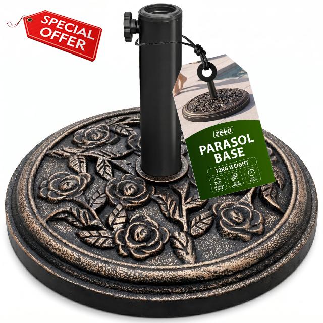 ZENO Parasol Base 12KG Bronze Rose | Cast Iron Effect Garden Parasol Base | Garden Umbrella Base For Outdoor Furniture Umbrella