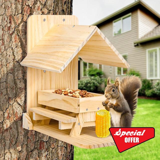 Sharmila Squirrel Feeders for Outside - Wooden Picnic Table Feeder for Squirrels and Chipmunks with Weatherproof Roof
