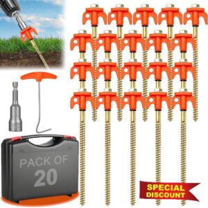 Tent Pegs Metal Heavy Duty 20cm X 20 Pack - Awning Pegs with Carry Case - Screw In Tent Pegs with Drill Adapter - Rock Pegs for Hard Standing Camping - Galvanised Steel