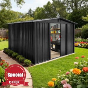All-Weather Outdoor Storage Shed with Sliding Doors & Apex Roof – Heavy-Duty Galvanized Steel Garden Tool Shed