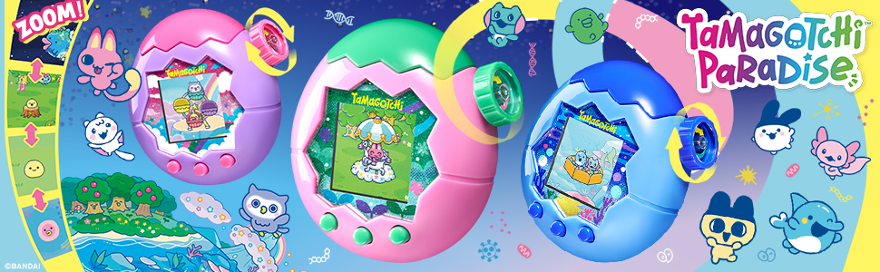 Purple banner with Tamagotchi Paradise images and graphics surrounding logo