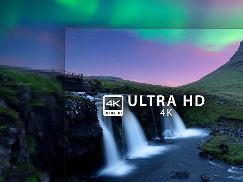 Text reads: "4K ULTRA HD". Scenic landscape with waterfall and northern lights, showing vibrant green and purple aurora in the night sky.