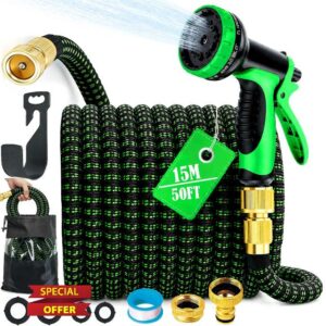 Expandable Garden Hose [50FT]: Heavy Duty 3750D 4-Layer Latex Flexible Water Hose Install in Under 90 Seconds with 10-Pattern Nozzle