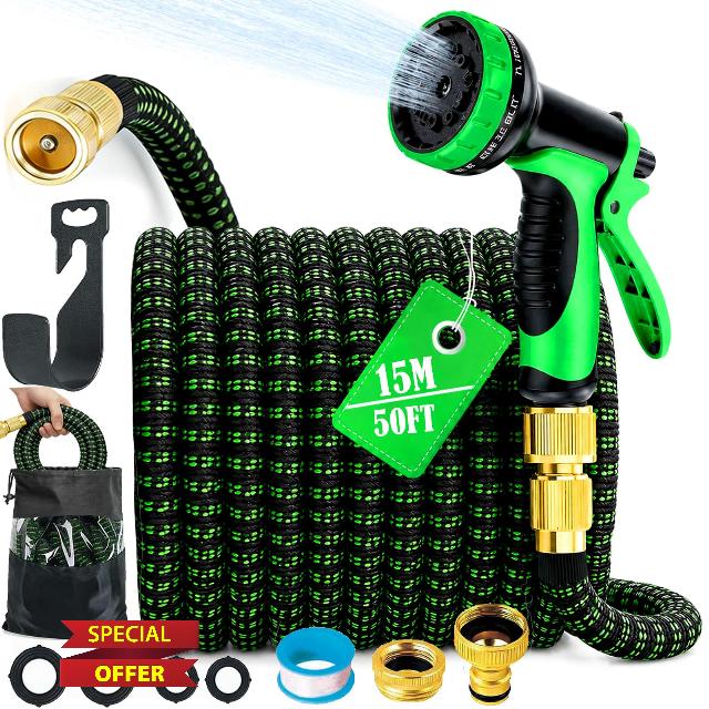 Expandable Garden Hose [50FT]: Heavy Duty 3750D 4-Layer Latex Flexible Water Hose Install in Under 90 Seconds with 10-Pattern Nozzle