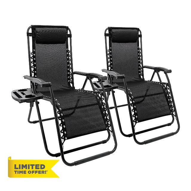 Harbour Housewares Zero Gravity Chair Set with Locking System - 110KG Load Capacity - Black - 2 Piece Heavy-Duty Reclining Folding Outdoor Garden Camping Patio Beach Loungers Se