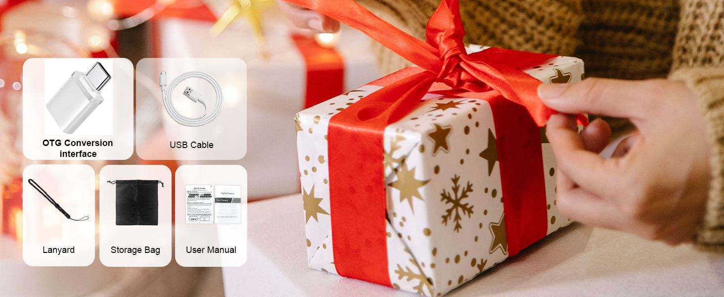 Gift-wrapped present with red ribbon and snowflake pattern. Flat lay showing product components including packaging, cables, and accessories arranged on festive background with decorative elements.