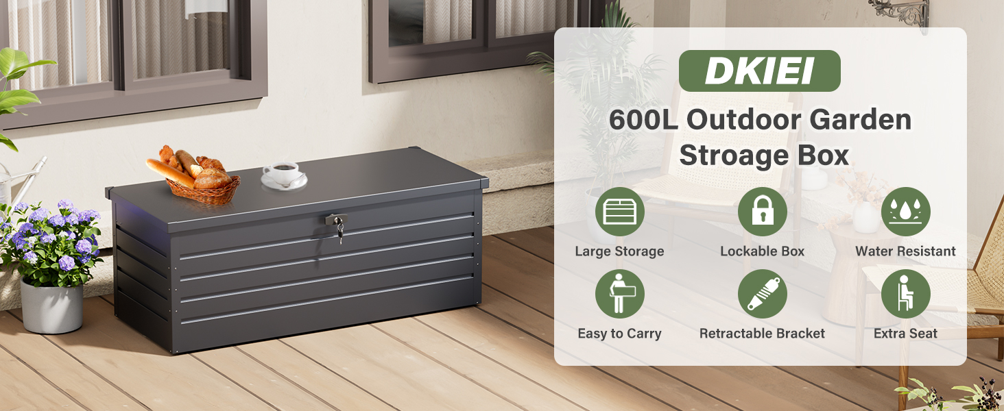 DKIEI 600L Outdoor Garden Storage Box. Large, lockable, water-resistant black container with easy-carry handles and anti-violent bracket. Shown on wooden deck.