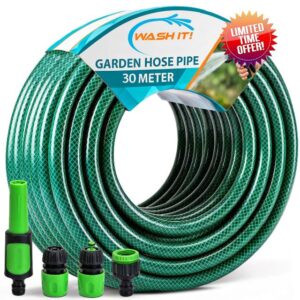 5pc Garden Hose Pipe with Connectors and Adjustable Spray Nozzle Fitting - Reinforced Weatherproof Garden Hosepipe with Hose Nozzle and Hosepipe Connectors for Car Washing and Plant Watering (30m)