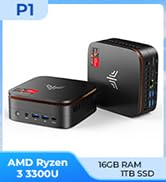 Text reads 'P1' and 'AMD Ryzen 3 3200U' '16GB RAM 512GB SSD'. Black compact computer or mini PC device shown from different angles.