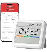 Text reads 'SwitchBot'. Digital temperature and humidity monitor device shown from multiple angles, featuring LCD display and smartphone app interface.