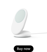 Pale blue-green circular disc against white background with 'Buy now' text button below.