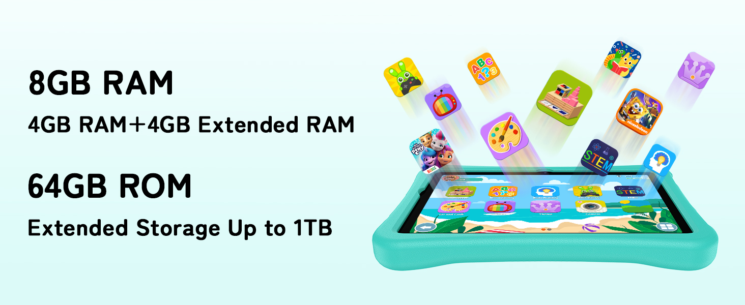 Teal-colored children's tablet device with colorful app icons, featuring 8GB RAM, 64GB ROM, and expandable storage up to 1TB.
