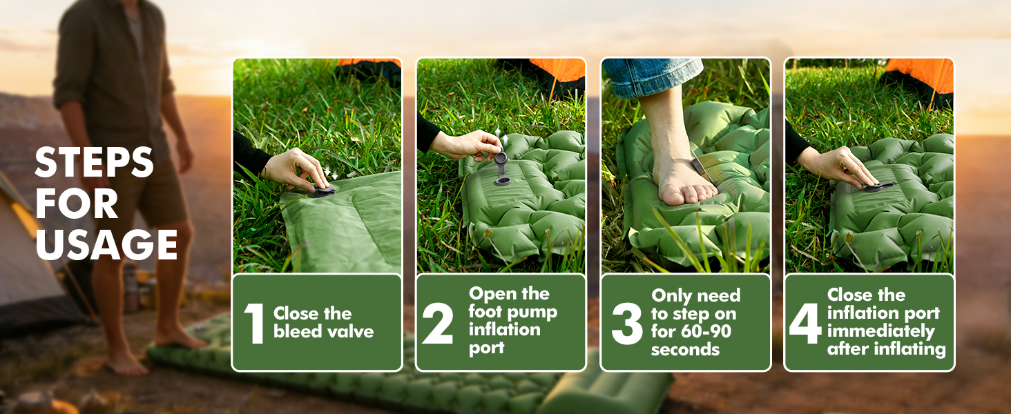 Text reads 'FOR USAGE' followed by numbered steps 1-4. Instructional sequence showing hands demonstrating product usage in outdoor garden setting.