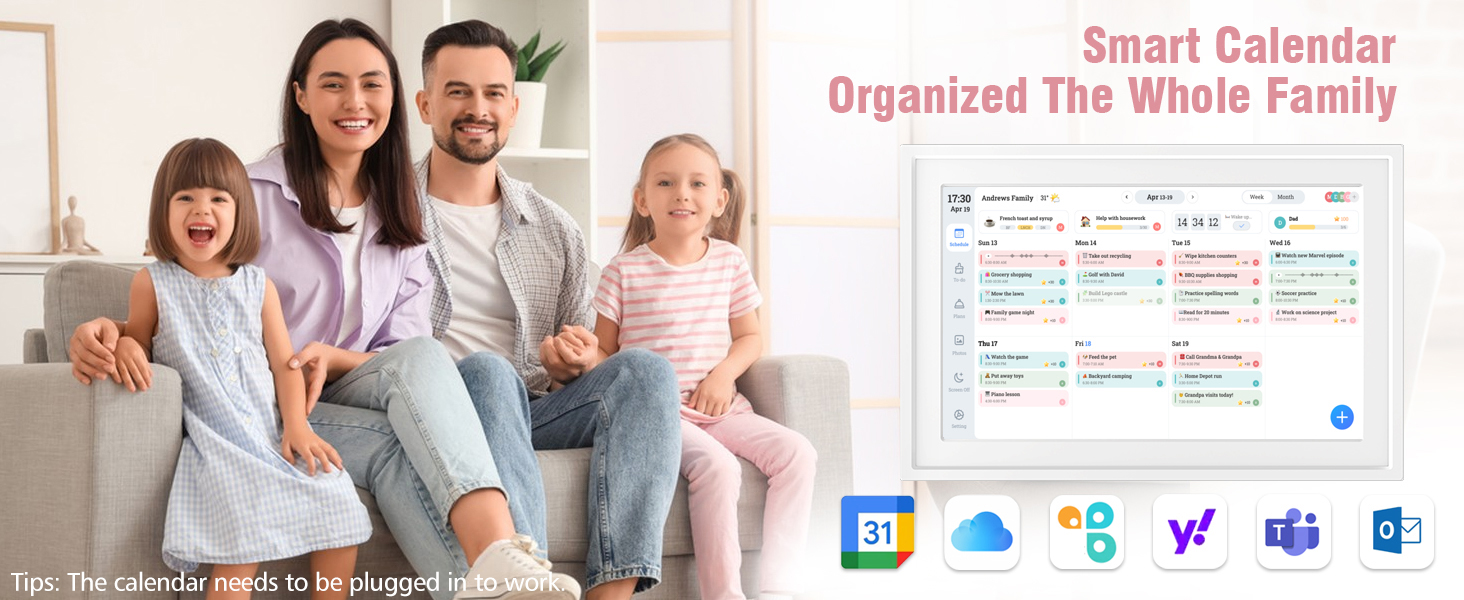 Text reads 'Smart Calendar Organized The Whole Family' with app interface showing calendar and row of app icons below. Group seated on couch with digital calendar interface overlay.