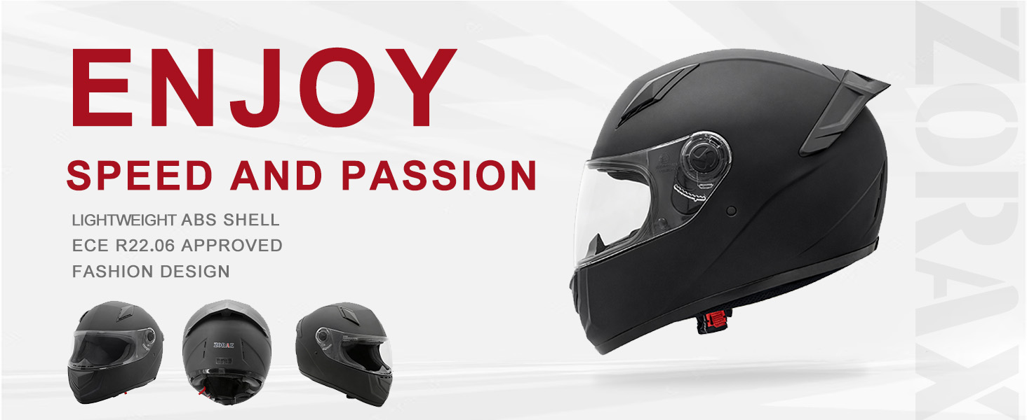 Text reads: 'ENJOY SPEED AND PASSION'. Three views of black motorcycle helmet shown against white background with red text.