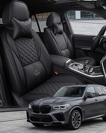 Black and gray quilted car seat covers installed on vehicle front seats, displayed on dark BMW M sport model with matching interior trim visible.