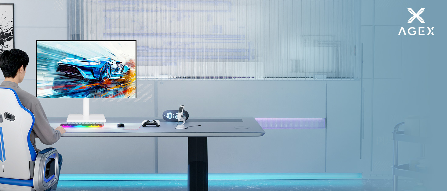 AGEX branded interior space with man viewing large display screen showing tropical landscape. Modern minimalist office or showroom environment with blue lighting and contemporary furniture.