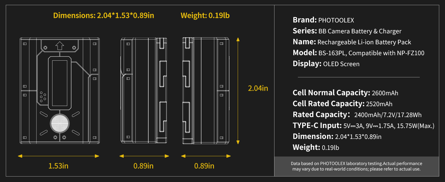 Technical specifications diagram with measurements. Text reads 'Brand: HP7133420', 'Model: HP7133420 Compact Air Changer', 'Display: OLED Screen', 'Cell level capacity: 400mAh', 'Rated capacity: 3.7V/1100mAh', plus additional technical details and dimensions (1.55m, 0.80m, 2.00m shown).