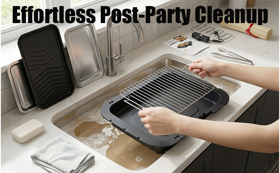 Text reads "Effortless Post-Party Cleanup." Hand placing black mesh strainer basket into sink with dirty dishes and water. Demonstrates kitchen cleaning solution for post-event dishwashing.