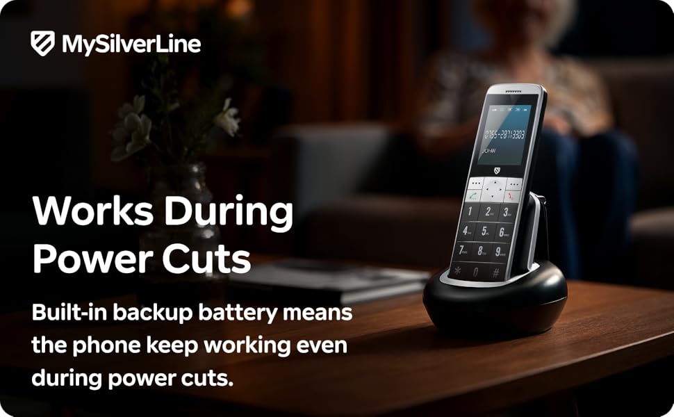 Text reads 'MySilverLine', 'Works Without Broadband or Wi-Fi', 'Perfect for homes without broadband, simply insert a 4G SIM card and start calling.' Red flip mobile phone held in hand against warm-toned background with sunset lighting.