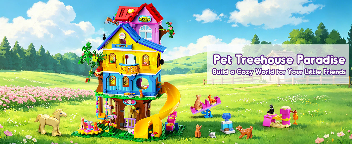 Colorful children's playground tower structure with yellow and red components, slides, and swings on green grass with blue sky background. Text reads 'Playset Swing Slide Backyard Fun.'