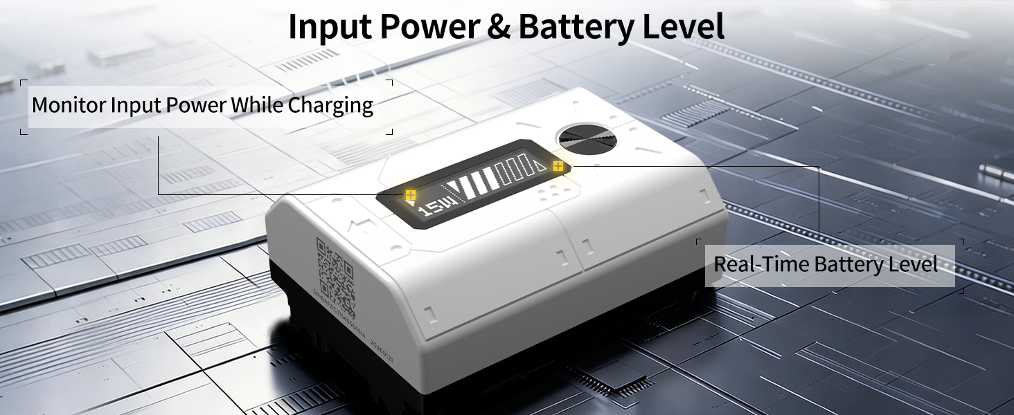 Text reads 'Input Power & Battery Level' and 'Monitor Input Power, Intelligent Charging.' White device with digital display shown against solar panel background. Features 'Real-Time Battery Level' indicator.