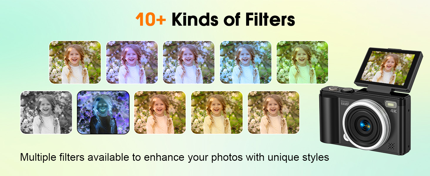 Text reads '10+ Kinds of Filters'. Grid display showing same photo with different color filters and effects applied, demonstrating various photo editing options.