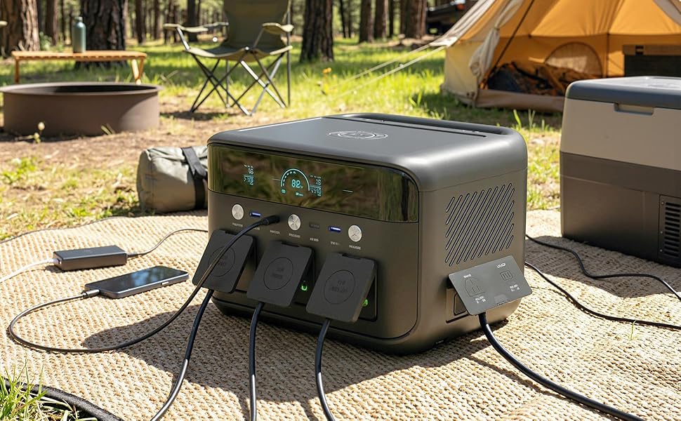 Outdoor electrical power distribution box mounted on ground with multiple black cable connections extending outward. Portable generator or power supply unit.