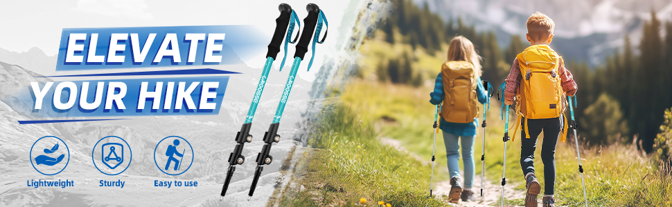 Text reads 'ELEVATE YOUR HIKE'. Advertising banner showing hiking scenes with people on trails and ski poles, featuring outdoor activity imagery and certification icons.