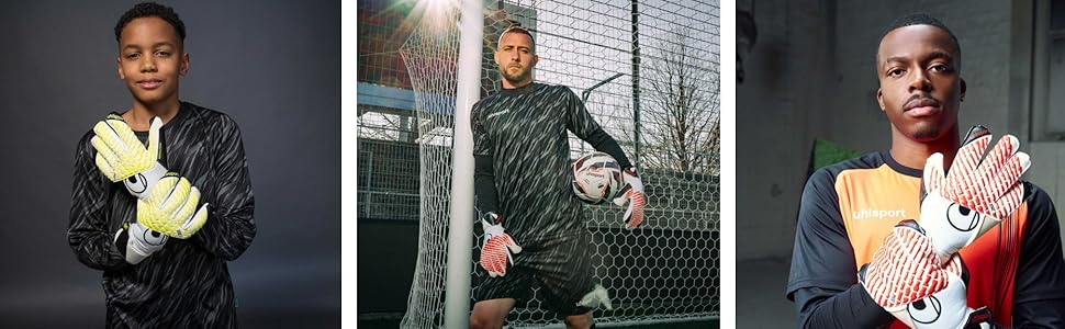 Three-panel image showing different angles of sports goalkeeper gloves in yellow and black colors with protective padding.