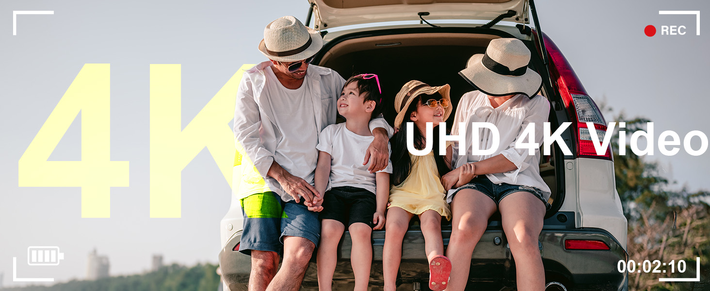 Text reads 'Image 2', '4K' and 'UHD 4K Video'. Group of people enjoying outdoor activities in what appears to be a van or recreational vehicle setting.