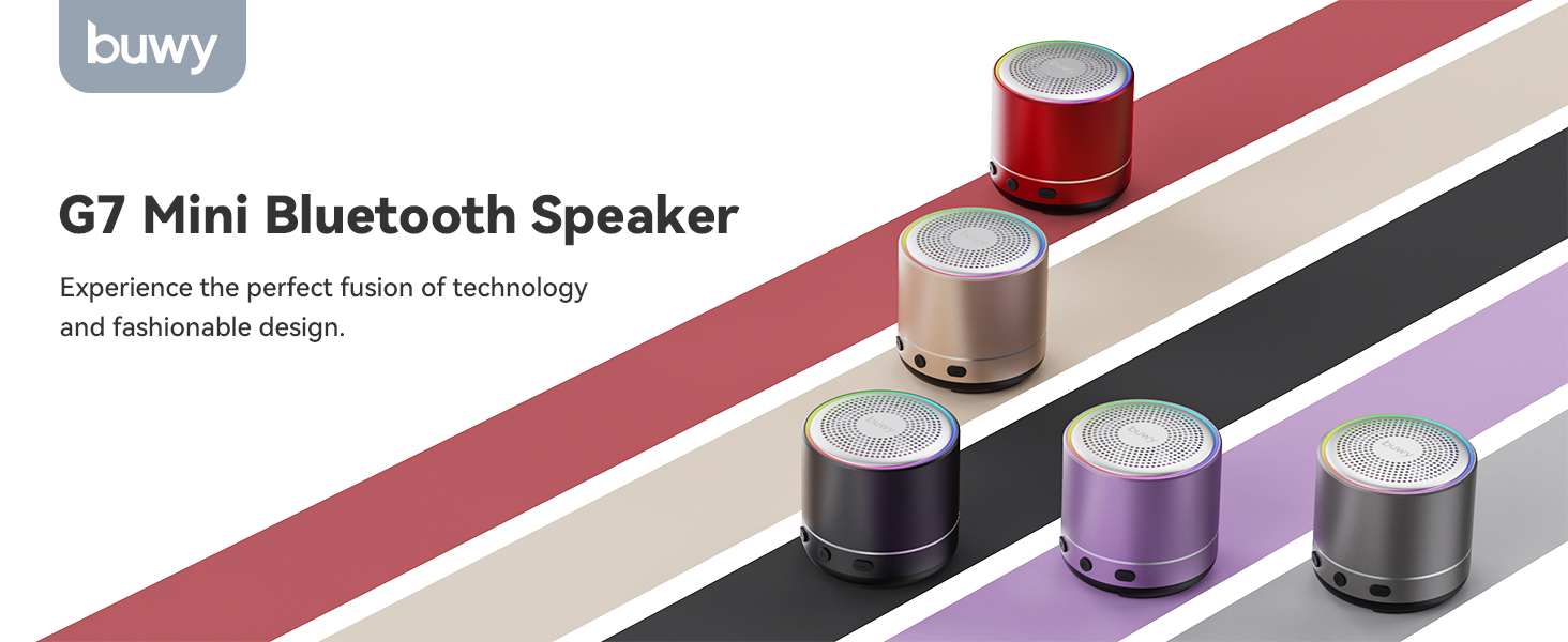 Text reads "buwy", "G7 Mini Bluetooth Speaker", "Experience the perfect fusion of technology and fashionable design.". Six compact cylindrical Bluetooth speakers in various colors (red, cream, black, purple, silver, gray) arranged on diagonal striped background.