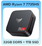 Text reads 'AMD Ryzen 7 7735HS' and '16GB DDR4+128GB SSD'. Small black rectangular computer device shown against blue background banner.