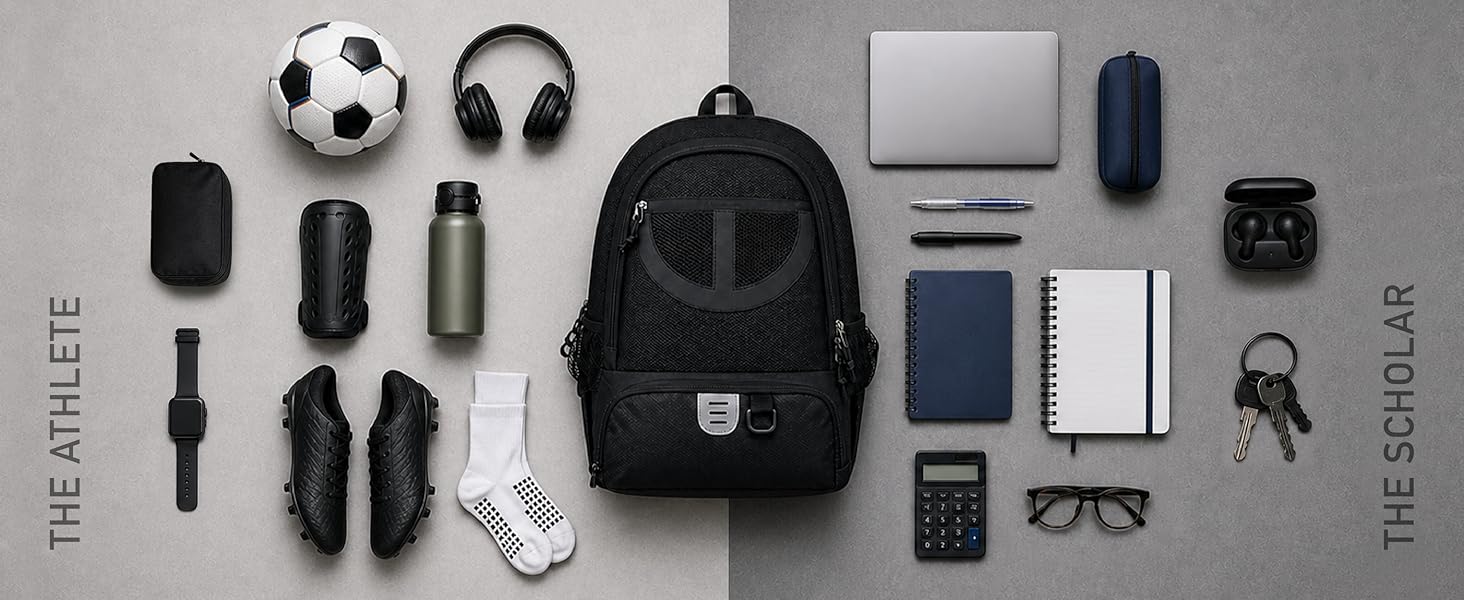 Text reads 'FLAT LAY', 'ESSENTIALS'. Flat lay composition showing black backpack surrounded by tech accessories: headphones, camera, cables, phone, wallet, keys, and other travel essentials on gray background.