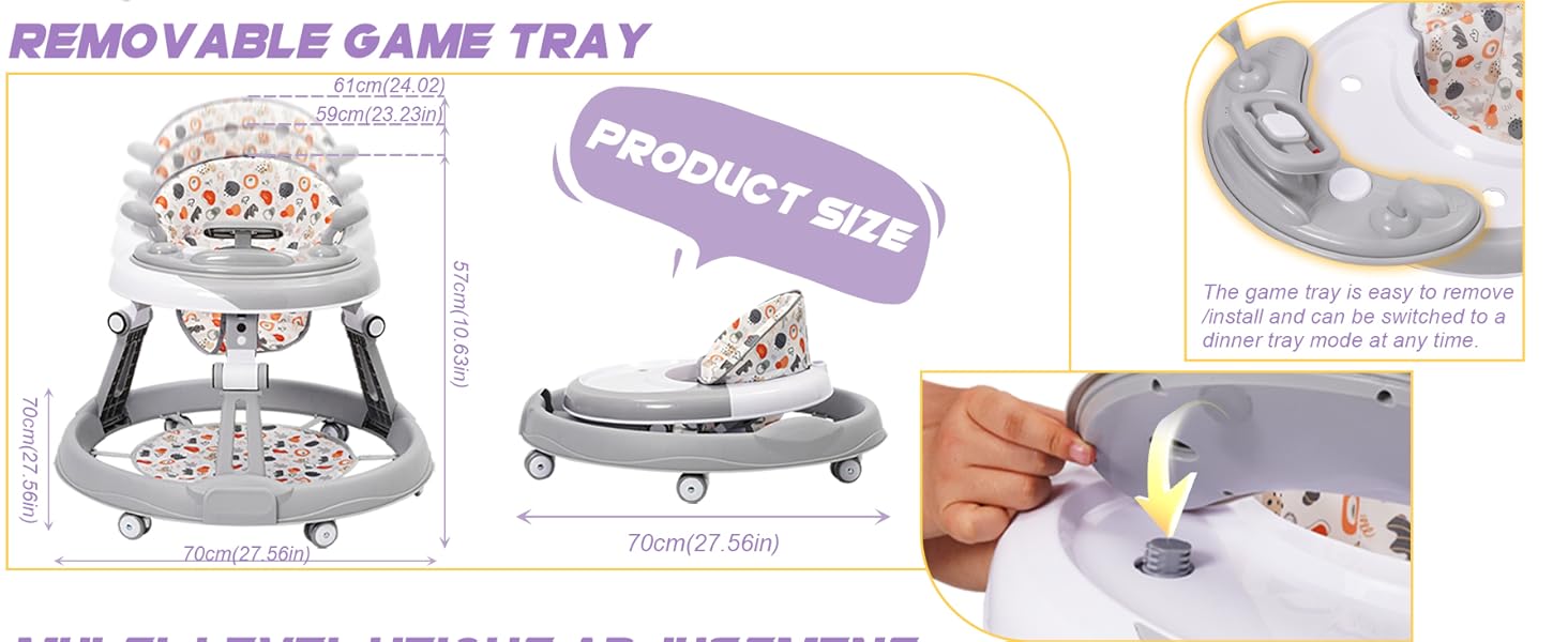 Text reads 'EDUCATIONAL MUSICAL TRAY TOY'. Circular interactive toy with multiple sections showing various play features and control buttons in white and yellow design.