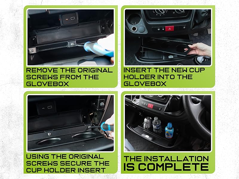 Text reads: 'ONLY COMPATIBLE WITH: BLACK GLOVEBOXES' and 'ONLY COMPATIBLE WITH: GREY GLOVEBOXES' with 'VEHICLES: FIAT DUCATO CITROEN RELAY PEUGEOT BOXER' and '2007-PRESENT' on each panel. Two black plastic glovebox organizer trays with compartments shown.