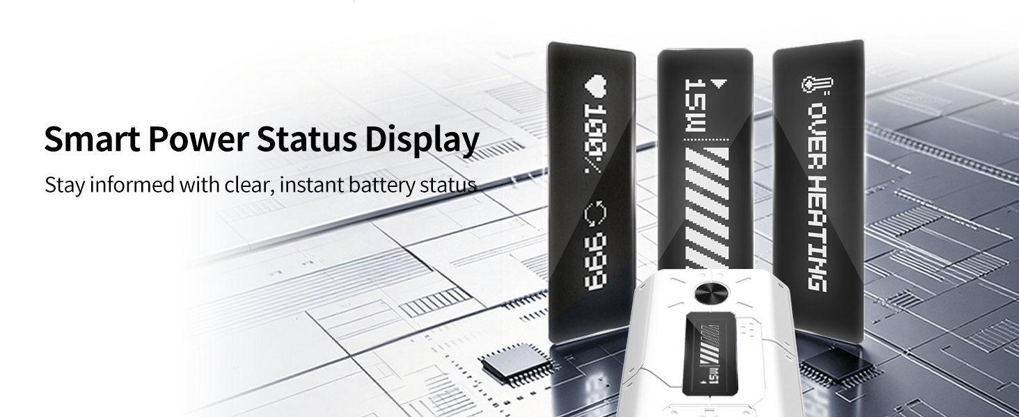Text reads "Smart Power Status Display" and "Stay informed with clear, instant battery status." Product display showing three black cylindrical batteries with white accents and a white charging device on light blue background.