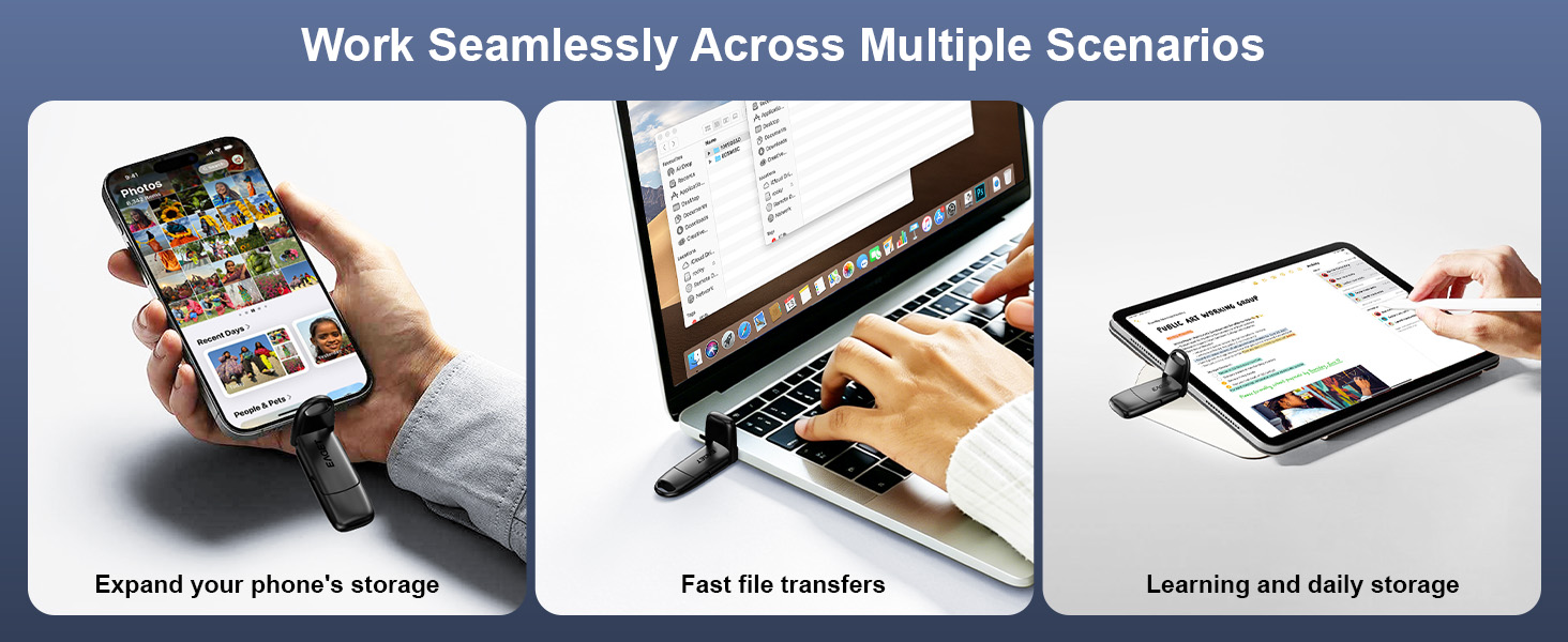 Text reads "Work Seamlessly Across Multiple Scenarios". Three panels showing smartphone storage expansion, tablet file transfers, and daily scheduling tasks demonstrating device versatility and functionality.