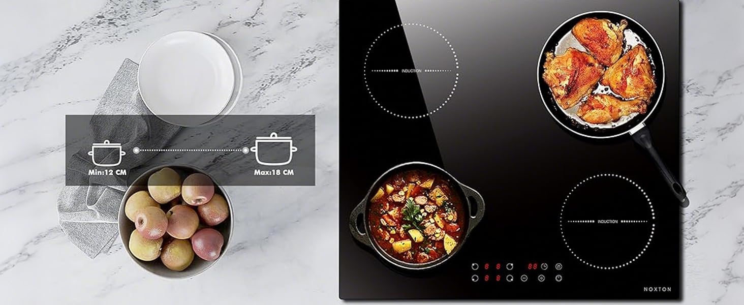 Induction cooktop with three burners, displaying two pots of food: one with colorful vegetables and meat, another with potatoes. A white plate on marble surface visible.
