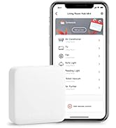 Text reads 'SwitchBot'. Mobile app interface showing temperature controls and device settings with white smart home device.