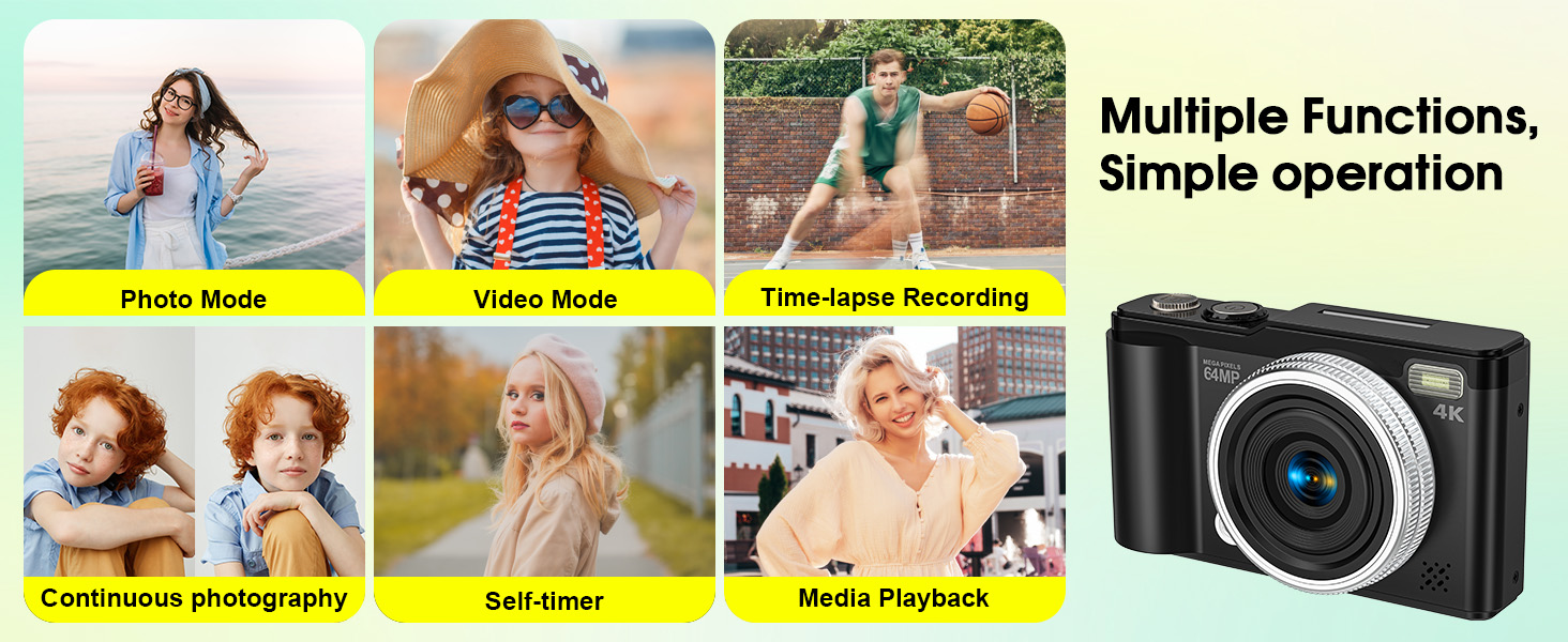 Text reads 'Multiple Functions, Simple Operation'. Grid of images showing outdoor photography scenarios with yellow labels indicating different modes.