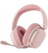 Multiple views of black wireless gaming headphones with RGB lighting strip accent, showing different angles of the over-ear design and cushioned earcups.