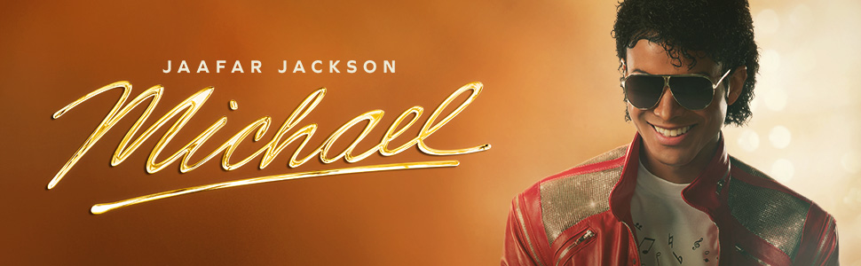 Text reads 'JAARFAR JACKSON' and 'Michael' in gold script. Portrait of man wearing sunglasses and red jacket against brown background.