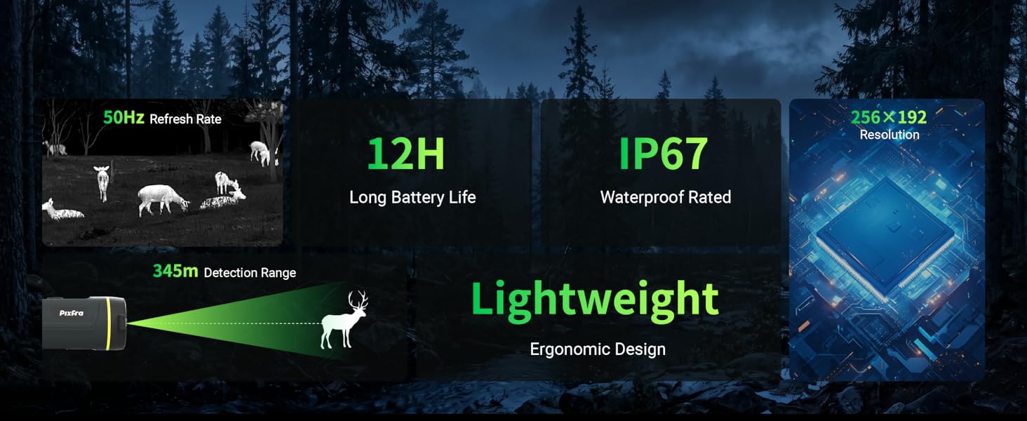 Text reads '12H Long Battery', 'IP67 Waterproof', 'Lightweight Comfortable', 'Ultra-thin Chip'. Green text on dark background showing product specifications with outdoor scene.
