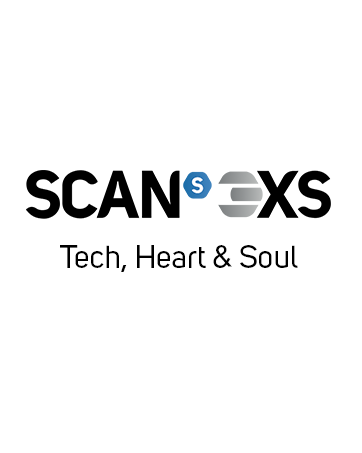 SCANEXS company logo in black text with a stylized gray hexagonal symbol and tagline 'Tech, Heart & Soul' underneath.