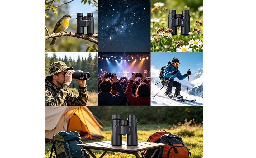 Text reads "PRODUCT DETAILS". Black binoculars with labeled callout circles showing close-up details: eyepieces, focus wheel, objective lenses, and lens coating (teal-colored optics visible).