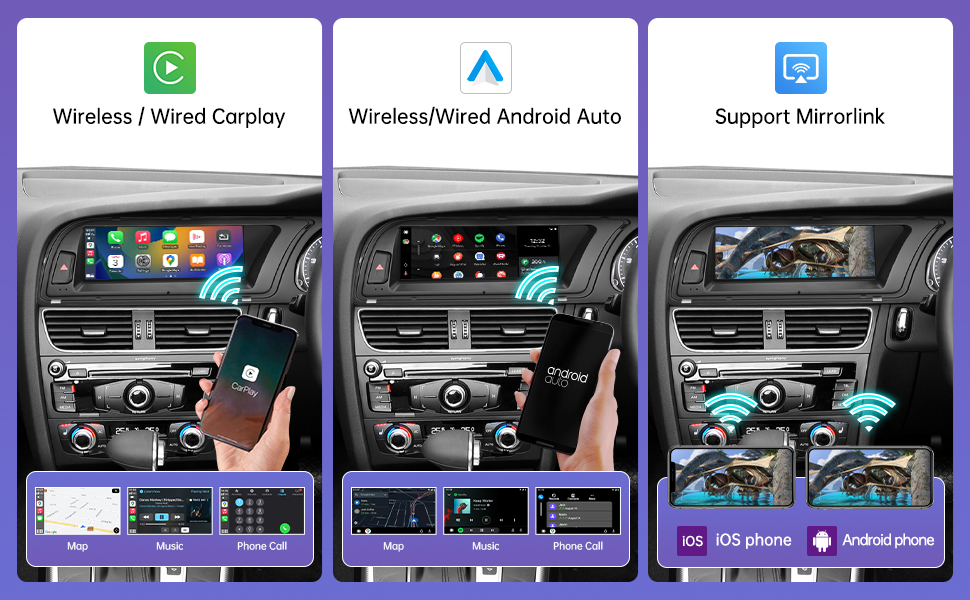 Compatibility guide for car stereo system, showing dashboard images of Audi A4 models from 2009-2015 with 2G MMI system. Highlights correct placement and appearance of compatible units.